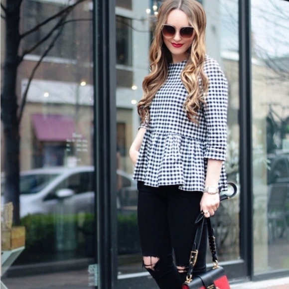 Victoria Beckham for Target Black and White Gingham Twill Peplum blouse Medium - Picture 2 of 11